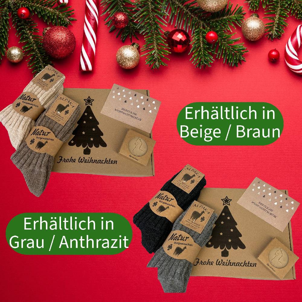 KB Socken Weihnachtliche Geschenkbox inklusive 2 Paar Alpakasocken, einer Alpakakeratinseife und einer Weihnachtskarte Letzte 2 Tage