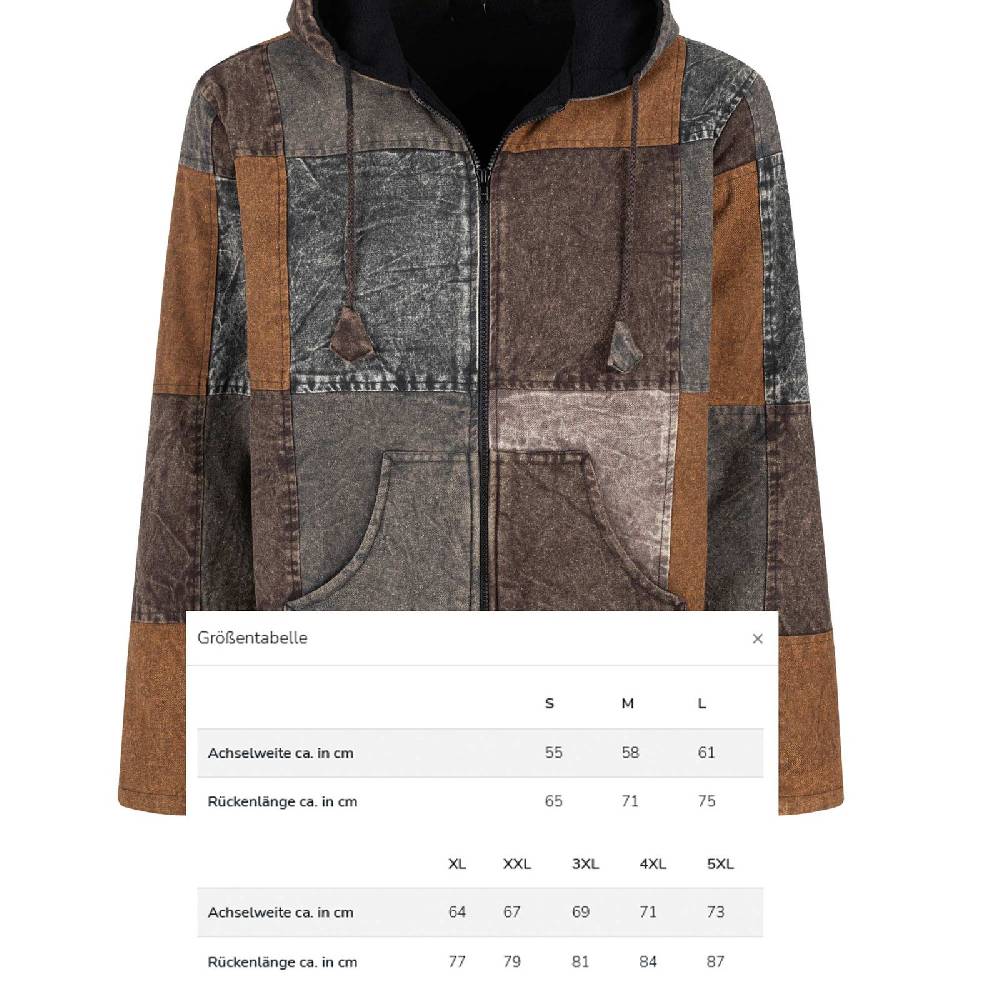 Kunst Und Magie Patchwork Jacke Baja Hoodie Herren alternativ Kapuzenjacke Goa Fleecefutter Nachhaltig Fair Wochenangebot