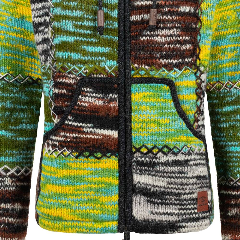 Kunst Und Magie Damen Strickjacke Goa Wolle Bunte Patchwork Winter Jacke Fleecefutter Hochkragen Zipfelkapuze Nur für heute
