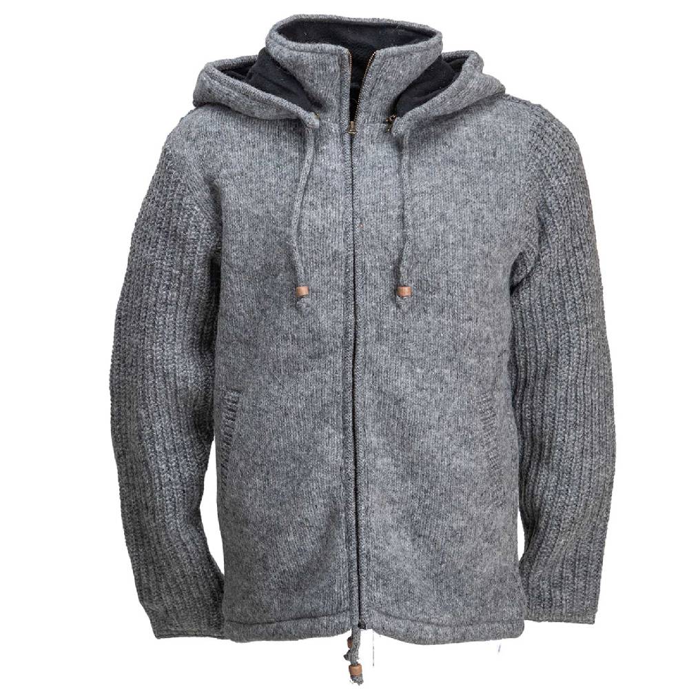 Kunst Und Magie Strickjacke Schurwolle Klassich Nordisch Wolle Jacke mit Kapuze Kragen Futter Unisex Grau Online