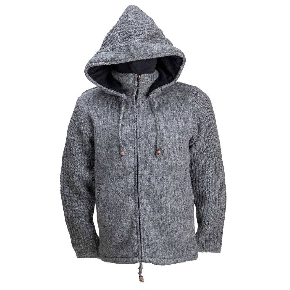 Kunst Und Magie Strickjacke Schurwolle Klassich Nordisch Wolle Jacke mit Kapuze Kragen Futter Unisex Grau Online