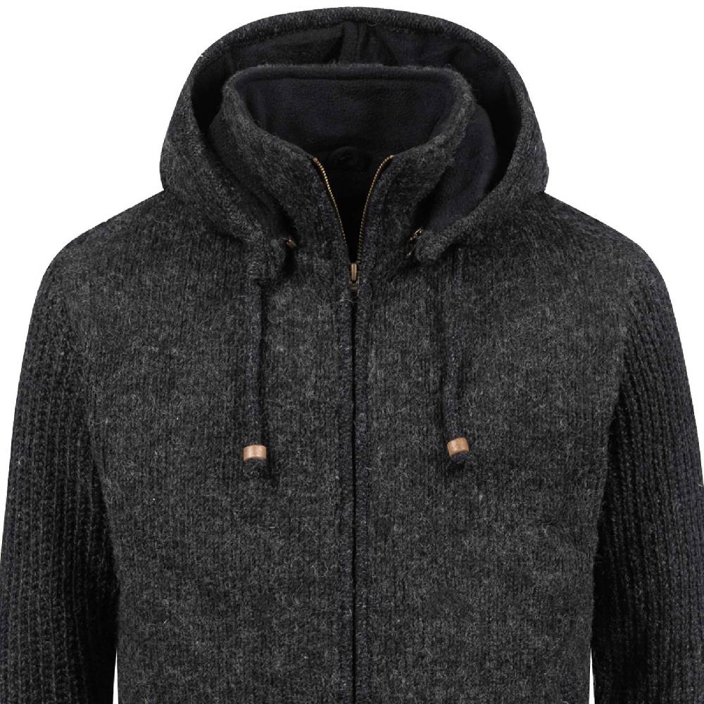 Kunst Und Magie Strickjacke Schurwolle Klassich Nordisch Wolle Jacke mit Kapuze Kragen Futter Unisex Schwarz Auslauf