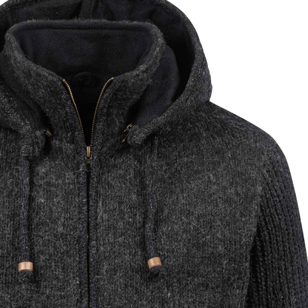 Kunst Und Magie Strickjacke Schurwolle Klassich Nordisch Wolle Jacke mit Kapuze Kragen Futter Unisex Schwarz Auslauf
