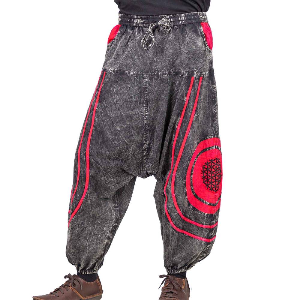 Kunst Und Magie Unisex Psy Baggy Pants Hippie Hose Goa Baumwoll Haremshose Stonewashed Blume des Lebens Schlussverkauf