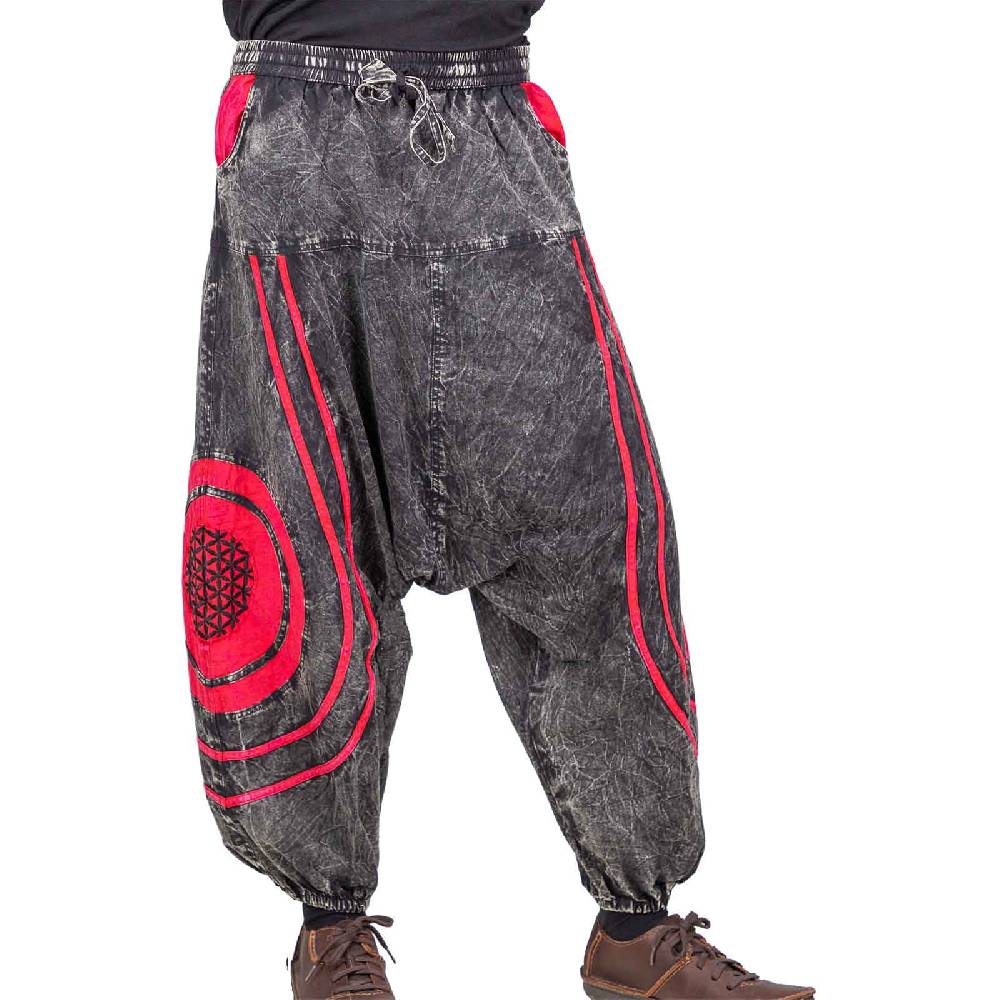 Kunst Und Magie Unisex Psy Baggy Pants Hippie Hose Goa Baumwoll Haremshose Stonewashed Blume des Lebens Schlussverkauf