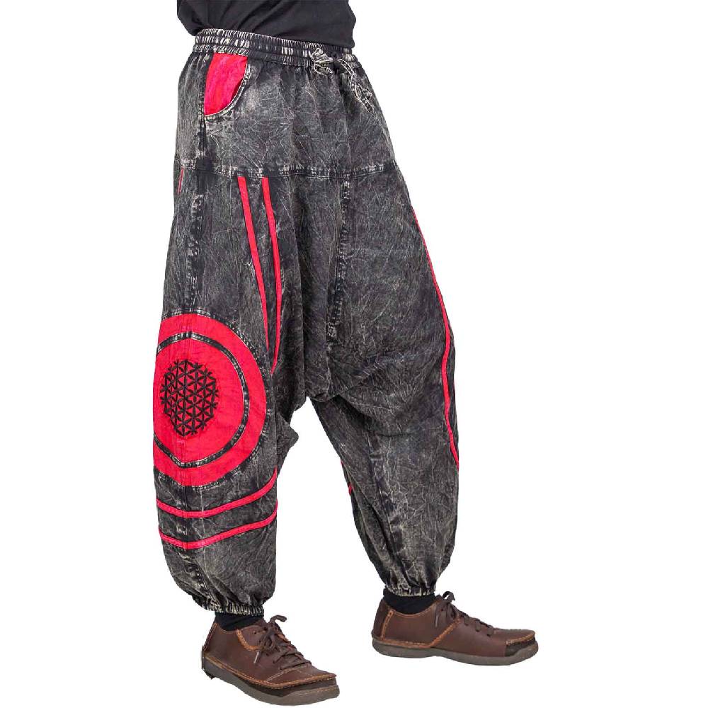Kunst Und Magie Unisex Psy Baggy Pants Hippie Hose Goa Baumwoll Haremshose Stonewashed Blume des Lebens Schlussverkauf