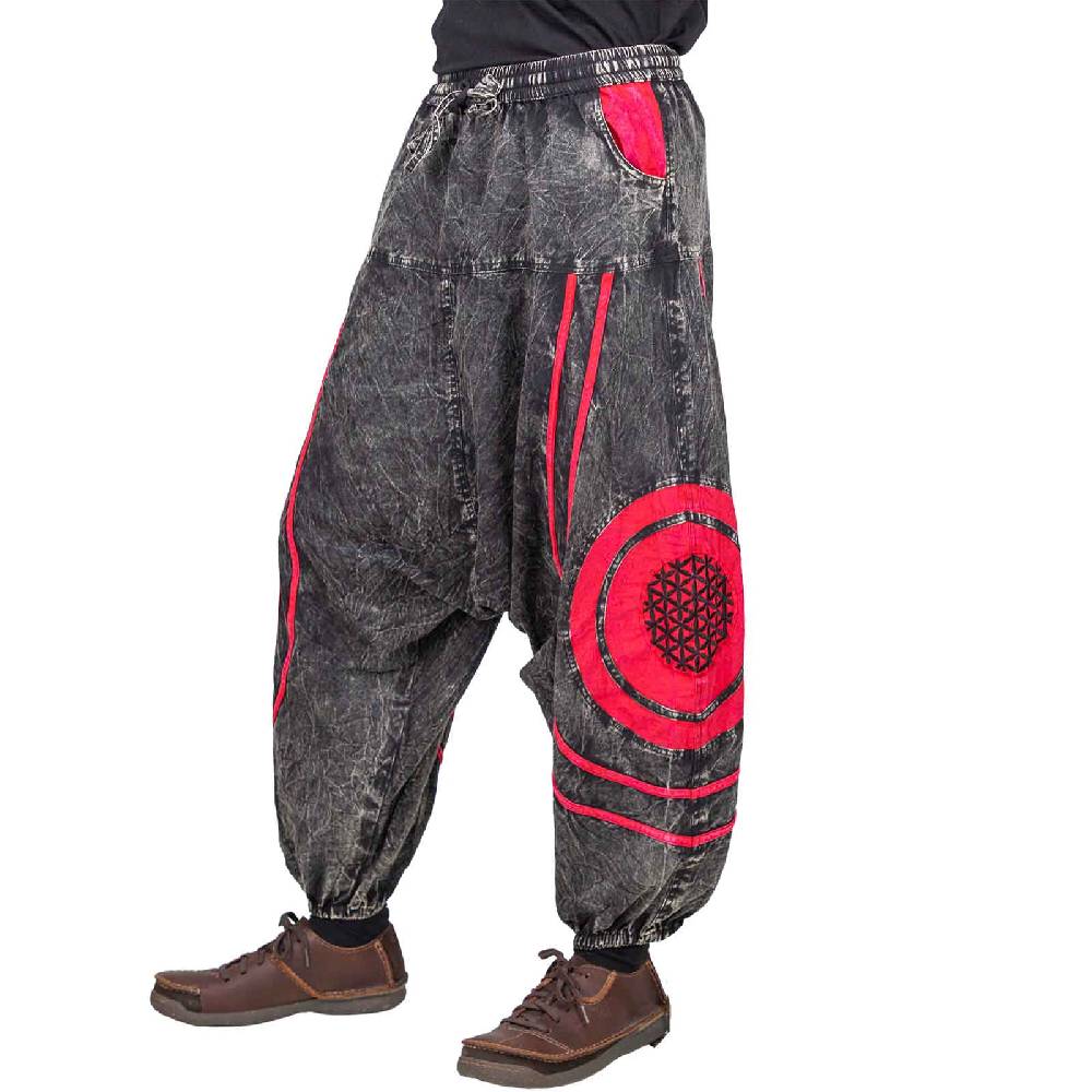 Kunst Und Magie Unisex Psy Baggy Pants Hippie Hose Goa Baumwoll Haremshose Stonewashed Blume des Lebens Schlussverkauf