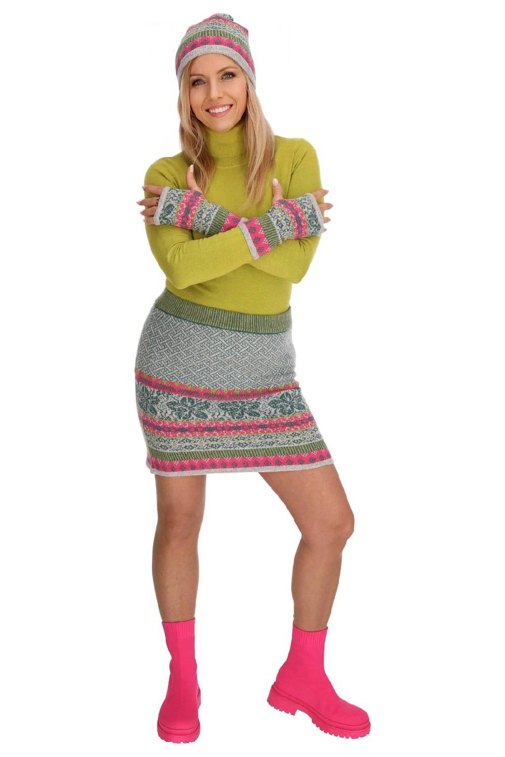 Kunst Und Magie Bunter Strickrock Knielanger Rock aus Schurwolle vom Lamm Lammwolle Wollrock Feinstrick Boho Rabatt