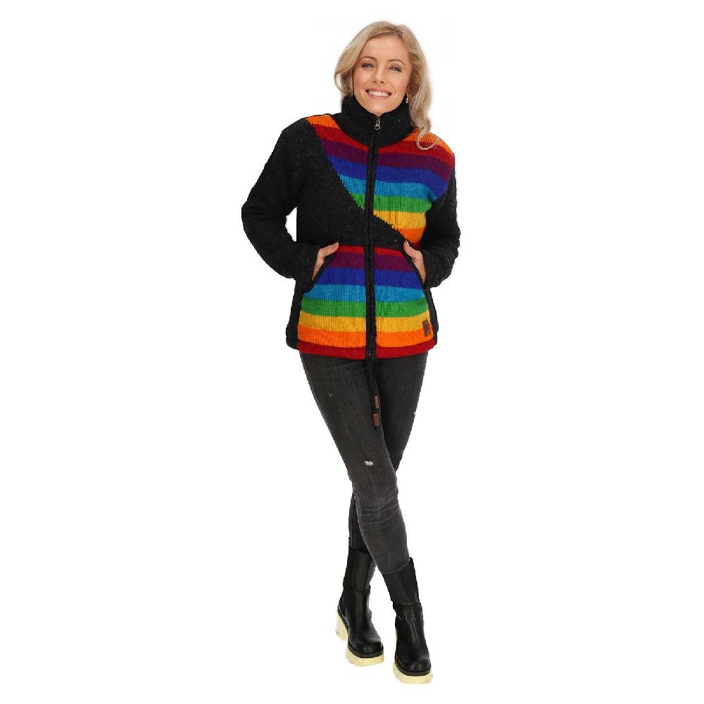 Kunst Und Magie Damen Strickjacke gefütterte Wolljacke Strickpullover Goa Wolle Bunte Jacke Regenbogen Jubiläumsangebot