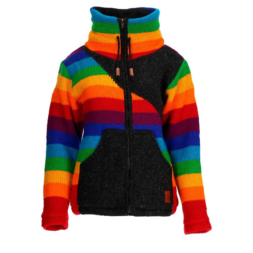 Kunst Und Magie Strickjacke Goa Wolle Bunte Regenbogen Jacke Fleecefutter Hochkragen Unisex Fair Lagerräumung
