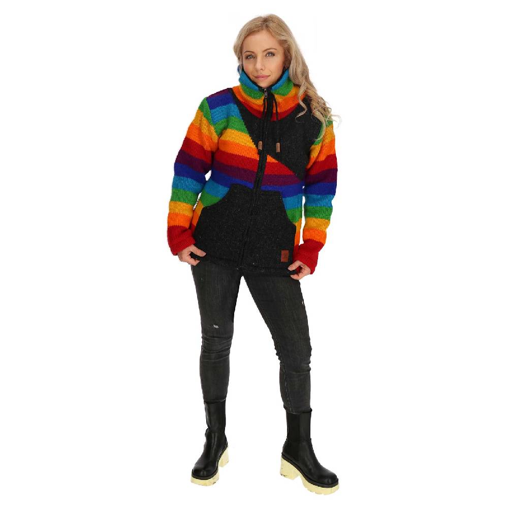 Kunst Und Magie Strickjacke Goa Wolle Bunte Regenbogen Jacke Fleecefutter Hochkragen Unisex Fair Lagerräumung