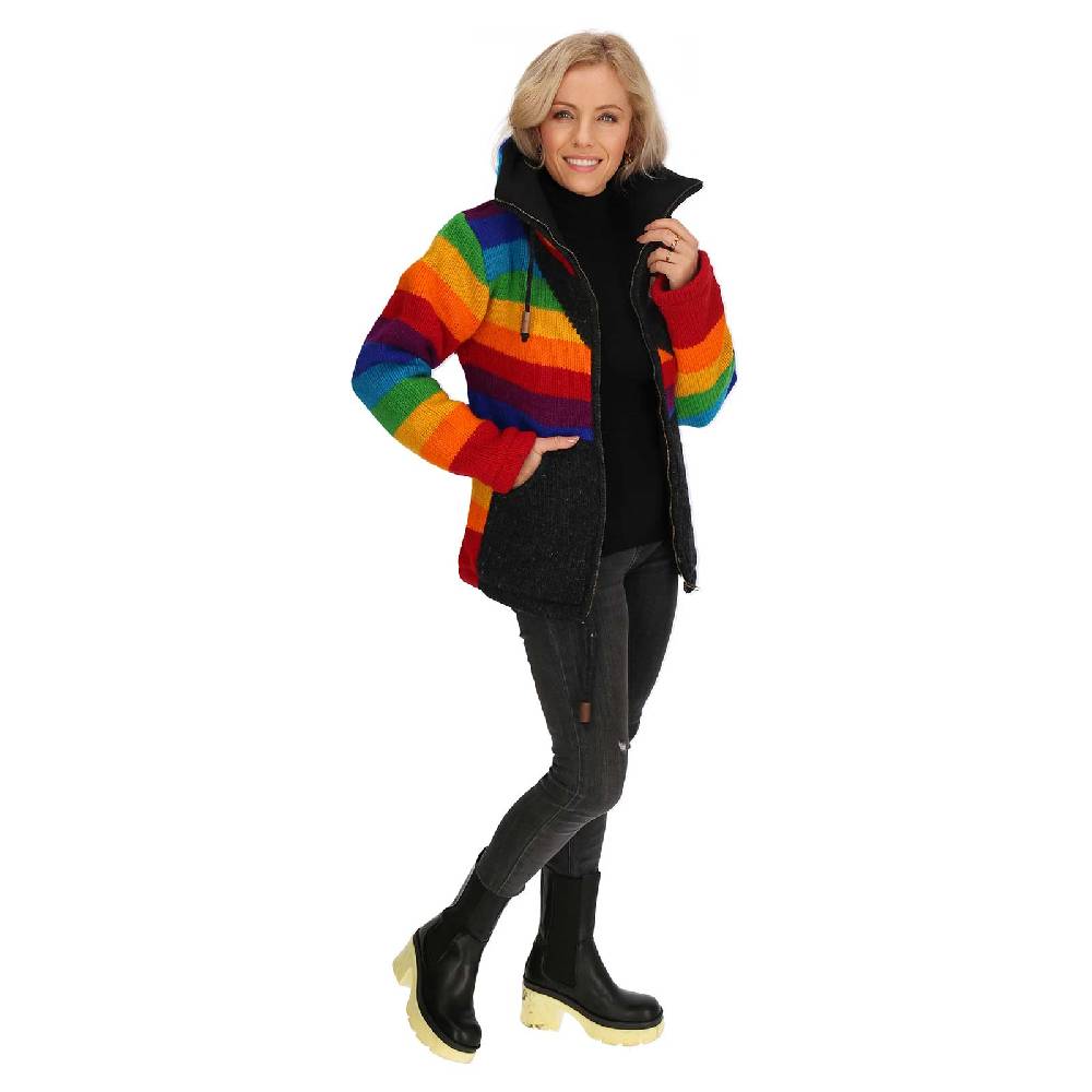 Kunst Und Magie Strickjacke Goa Wolle Bunte Regenbogen Jacke Fleecefutter Hochkragen Unisex Fair Lagerräumung