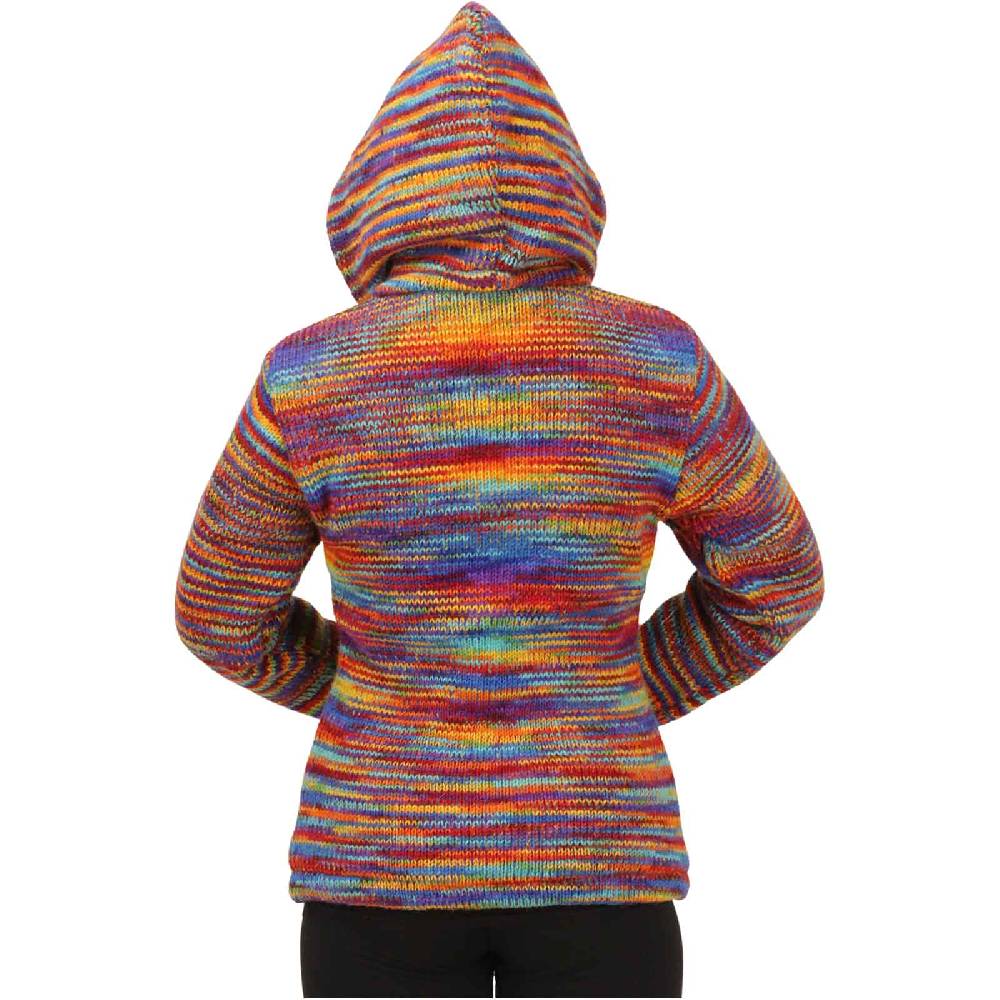 Kunst Und Magie Damen Strickjacke Goa Wolle Bunte Regenbogen Jacke Fleecefutter Hochkragen abnehmbarer Kapuze Kostenlose Rückgabe