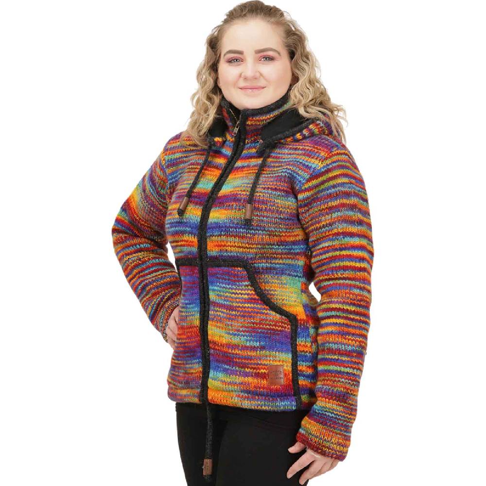 Kunst Und Magie Damen Strickjacke Goa Wolle Bunte Regenbogen Jacke Fleecefutter Hochkragen abnehmbarer Kapuze Kostenlose Rückgabe