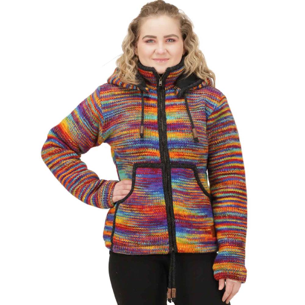 Kunst Und Magie Damen Strickjacke Goa Wolle Bunte Regenbogen Jacke Fleecefutter Hochkragen abnehmbarer Kapuze Kostenlose Rückgabe