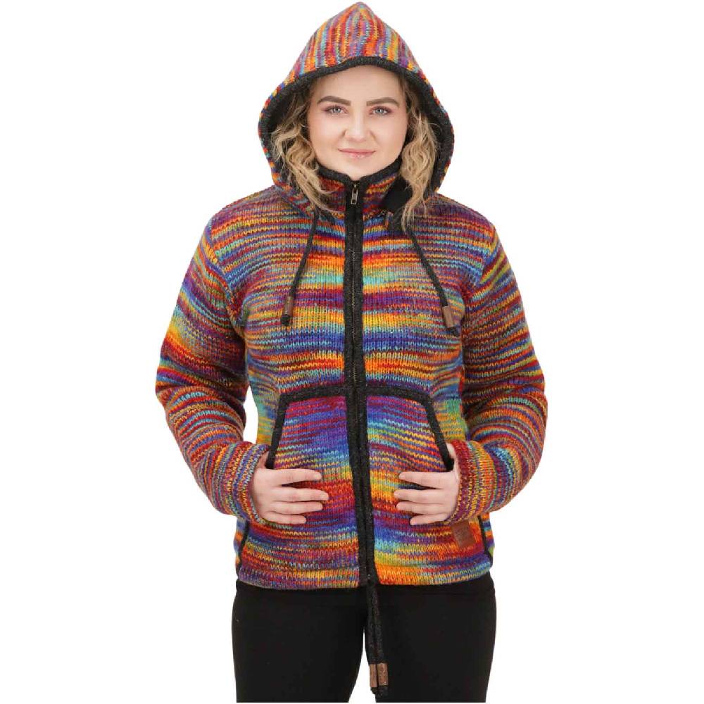 Kunst Und Magie Damen Strickjacke Goa Wolle Bunte Regenbogen Jacke Fleecefutter Hochkragen abnehmbarer Kapuze Kostenlose Rückgabe