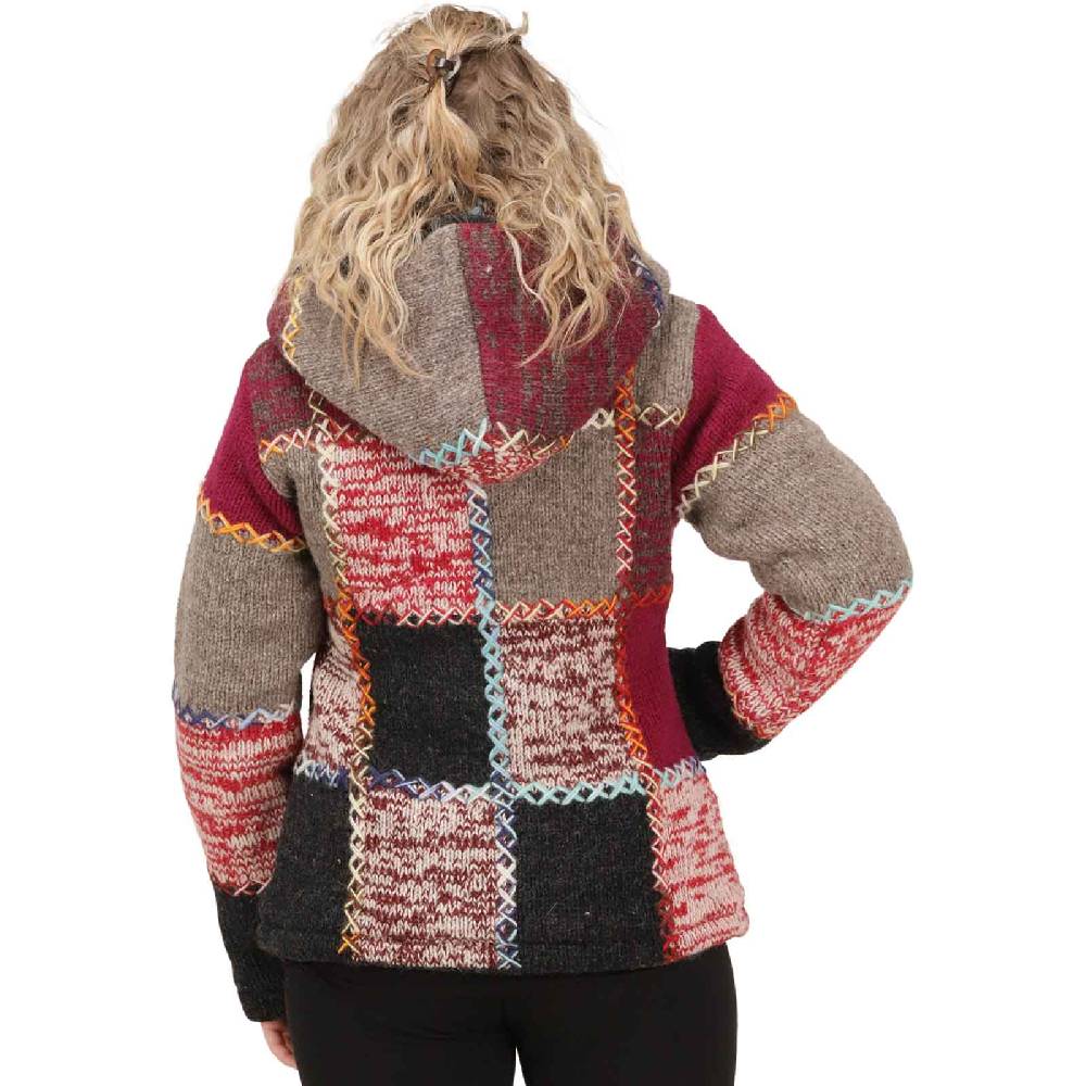 Kunst Und Magie Damen Strickjacke Goa Wolle Bunte Patchwork Jacke Fleecefutter Hochkragen abnehmbarer Kapuze Begrenzte Freigabe