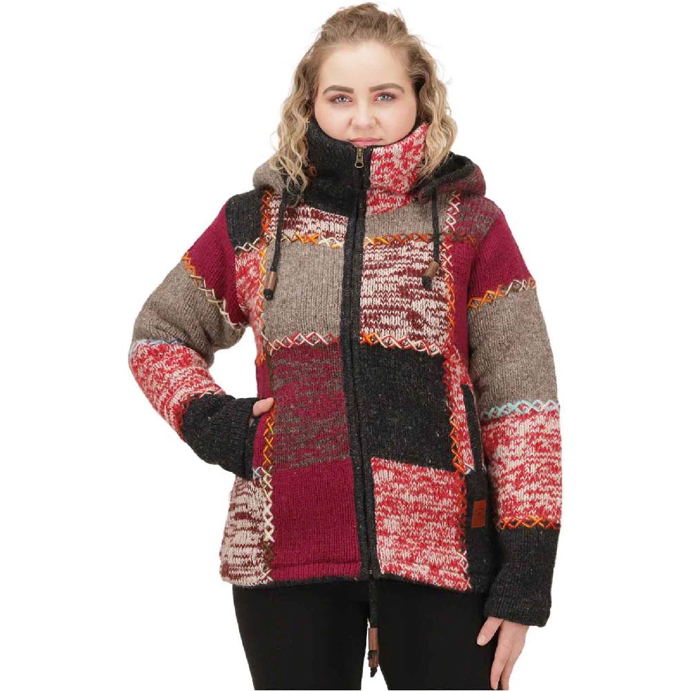 Kunst Und Magie Damen Strickjacke Goa Wolle Bunte Patchwork Jacke Fleecefutter Hochkragen abnehmbarer Kapuze Begrenzte Freigabe