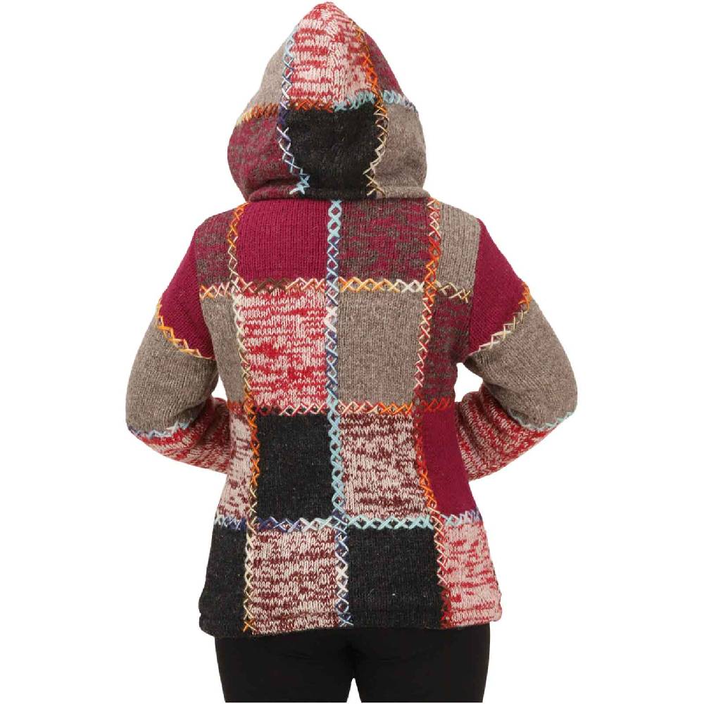 Kunst Und Magie Damen Strickjacke Goa Wolle Bunte Patchwork Jacke Fleecefutter Hochkragen abnehmbarer Kapuze Begrenzte Freigabe