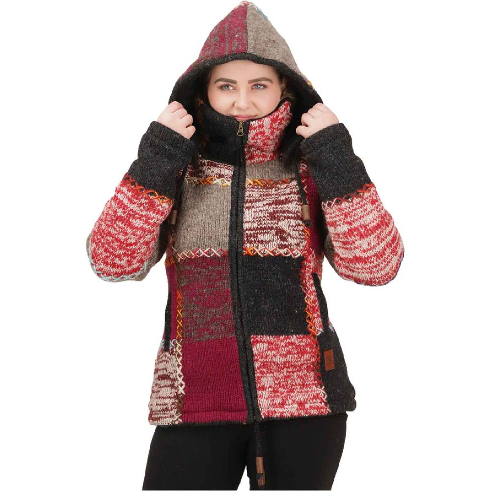 Kunst Und Magie Damen Strickjacke Goa Wolle Bunte Patchwork Jacke Fleecefutter Hochkragen abnehmbarer Kapuze Begrenzte Freigabe