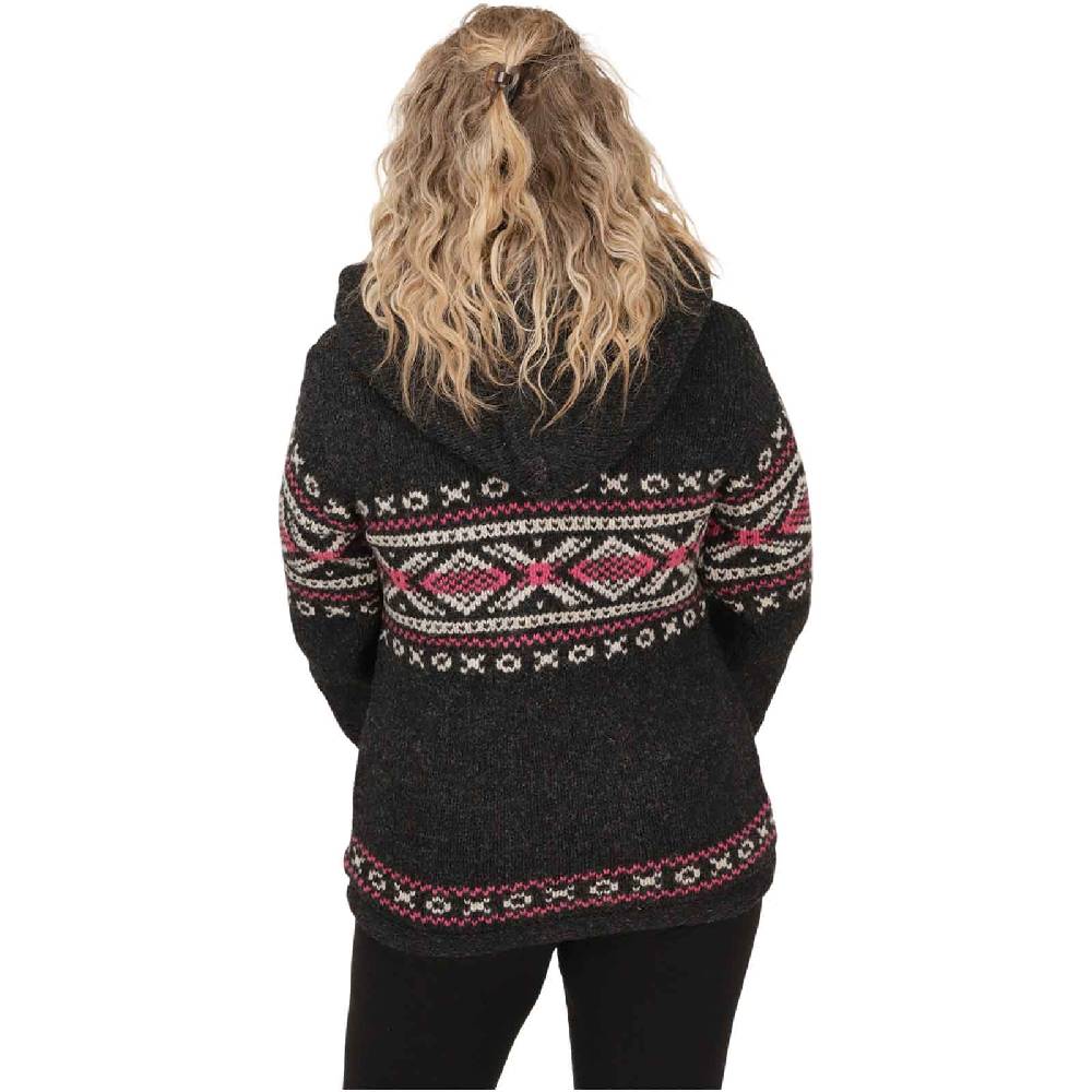 Kunst Und Magie Damen Klassische gefütterte Wolljacke Strickjacke Goa Wolle Jacke Norweger Muster abnehmbarer Kapuze Letzte 3 Tage