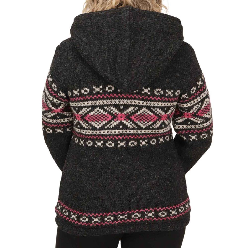 Kunst Und Magie Damen Klassische gefütterte Wolljacke Strickjacke Goa Wolle Jacke Norweger Muster abnehmbarer Kapuze Letzte 3 Tage