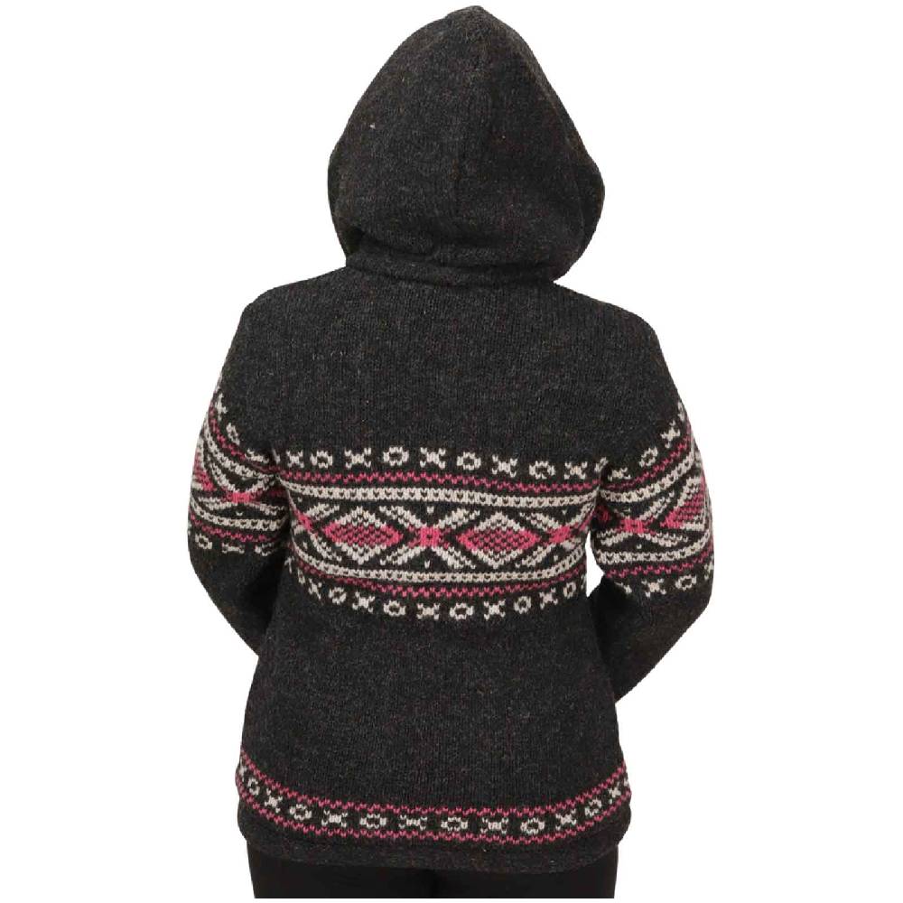 Kunst Und Magie Damen Klassische gefütterte Wolljacke Strickjacke Goa Wolle Jacke Norweger Muster abnehmbarer Kapuze Letzte 3 Tage