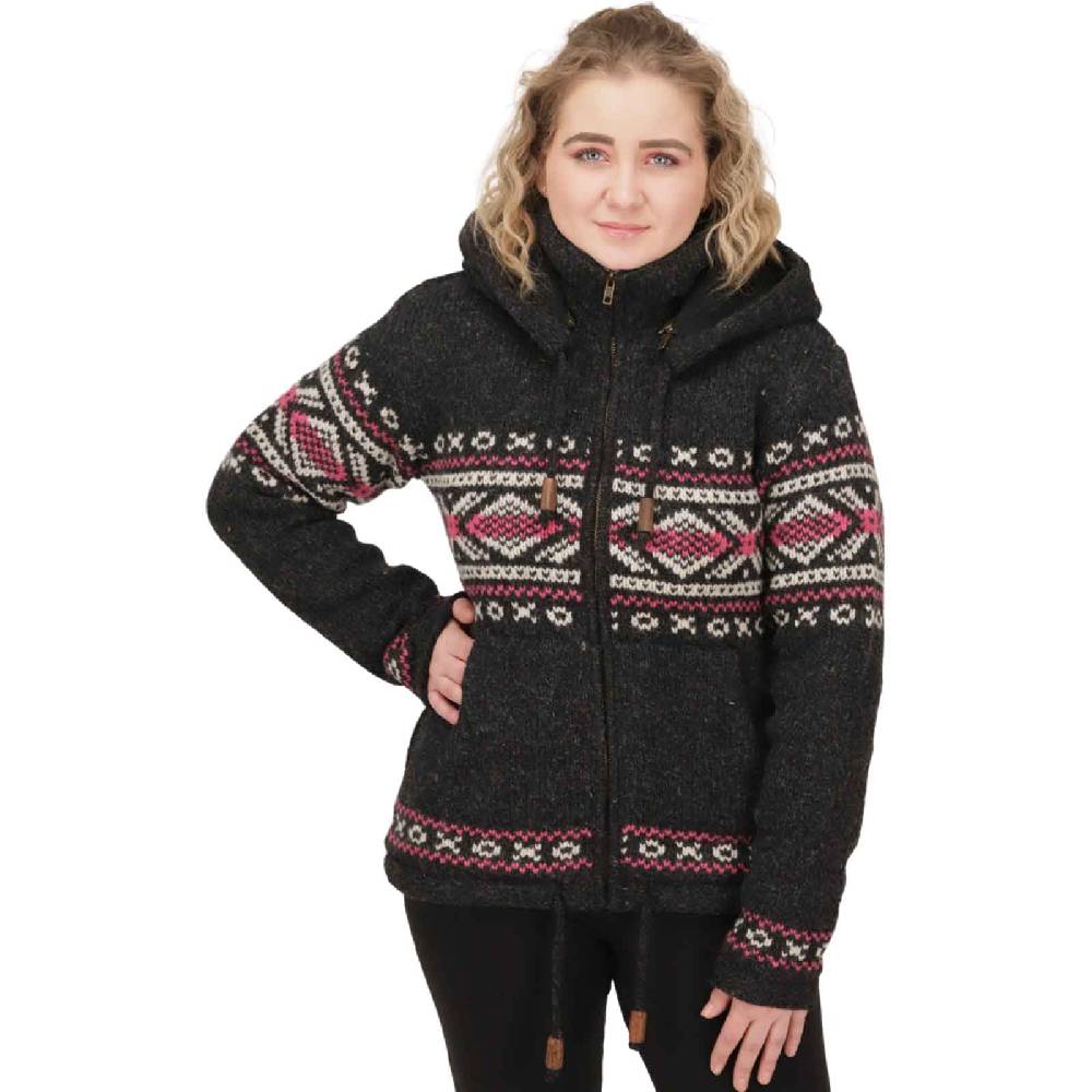 Kunst Und Magie Damen Klassische gefütterte Wolljacke Strickjacke Goa Wolle Jacke Norweger Muster abnehmbarer Kapuze Letzte 3 Tage