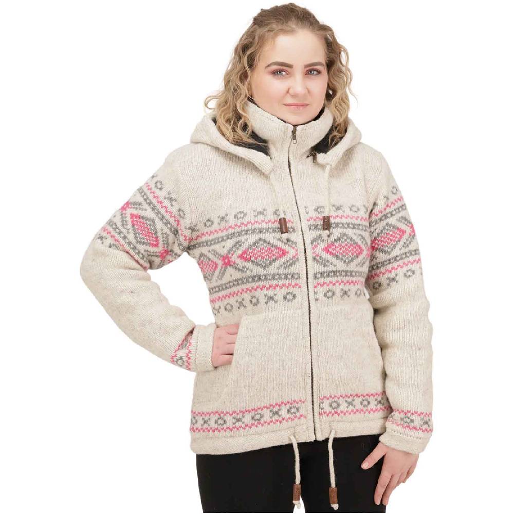 Kunst Und Magie Damen Klassische gefütterte Wolljacke Strickjacke Goa Wolle Jacke Norweger Muster abnehmbarer Kapuze JETZT KAUFEN