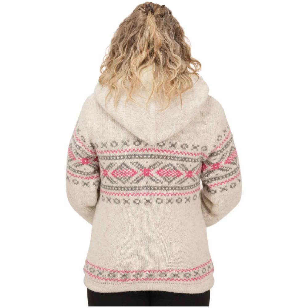 Kunst Und Magie Damen Klassische gefütterte Wolljacke Strickjacke Goa Wolle Jacke Norweger Muster abnehmbarer Kapuze JETZT KAUFEN