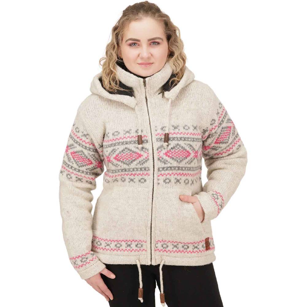 Kunst Und Magie Damen Klassische gefütterte Wolljacke Strickjacke Goa Wolle Jacke Norweger Muster abnehmbarer Kapuze JETZT KAUFEN