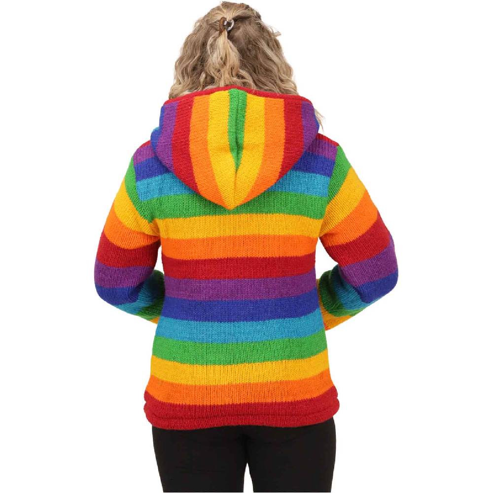Kunst Und Magie Damen Regenbogen Strickjacke Goa Wolle Jacke mit Fleecefutter und abnehmbarer Kapuze Neueste Stile