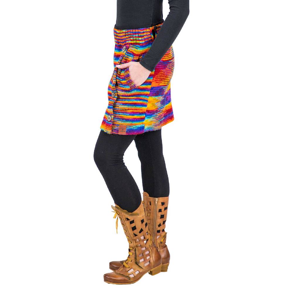 Kunst Und Magie Bunter Strickrock kurzer Rock mit Regenbogen Mustern Wolle gefüttert Hippie Goa Rainbow Kostenloser Versand international