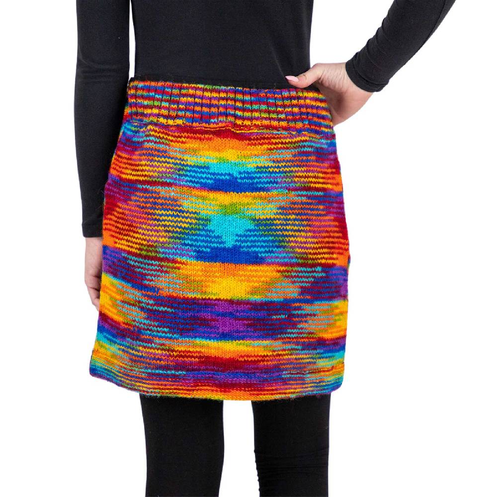 Kunst Und Magie Bunter Strickrock kurzer Rock mit Regenbogen Mustern Wolle gefüttert Hippie Goa Rainbow Kostenloser Versand international