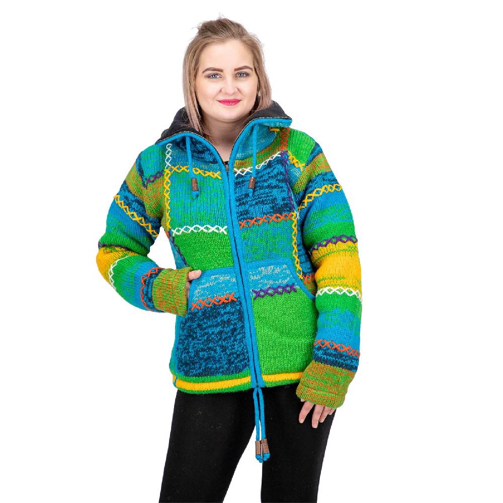 Kunst Und Magie Damen Strickjacke Goa Wolle Bunte Patchwork Jacke mit Fleecefutter und Hochkragen Speichern exportieren