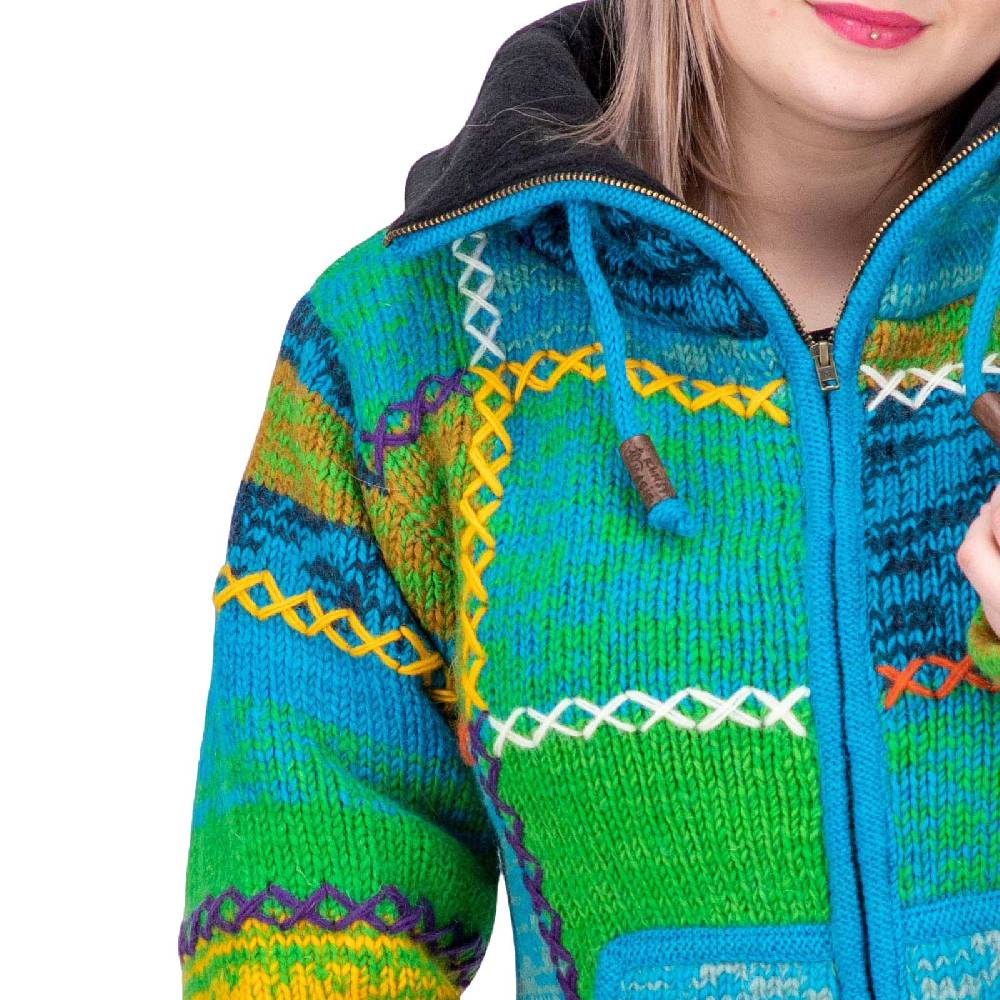 Kunst Und Magie Damen Strickjacke Goa Wolle Bunte Patchwork Jacke mit Fleecefutter und Hochkragen Speichern exportieren