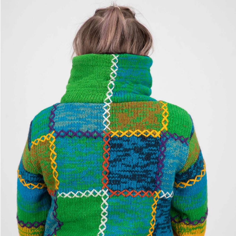 Kunst Und Magie Damen Strickjacke Goa Wolle Bunte Patchwork Jacke mit Fleecefutter und Hochkragen Speichern exportieren