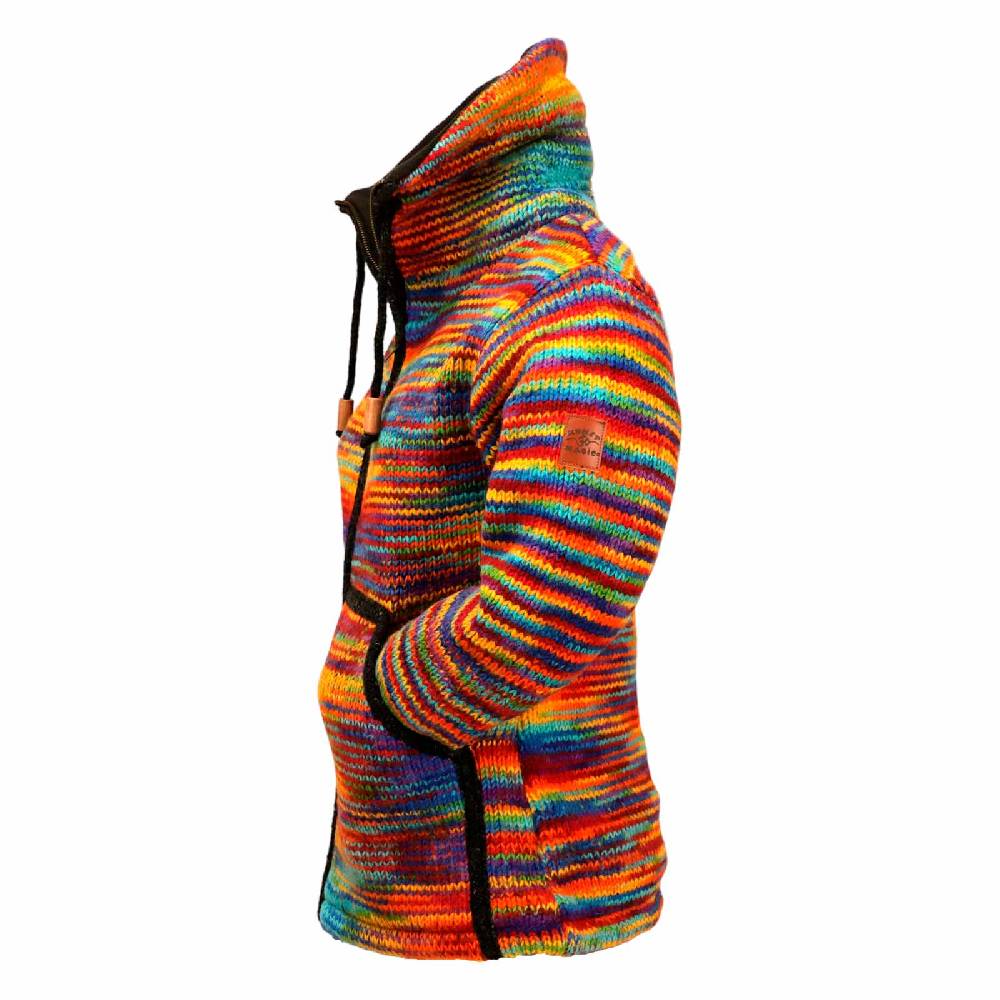 Kunst Und Magie Damen Strickjacke Goa Wolle Bunte Regenbogen Jacke Fleecefutter Hochkragen Goa Boho Fair 2025