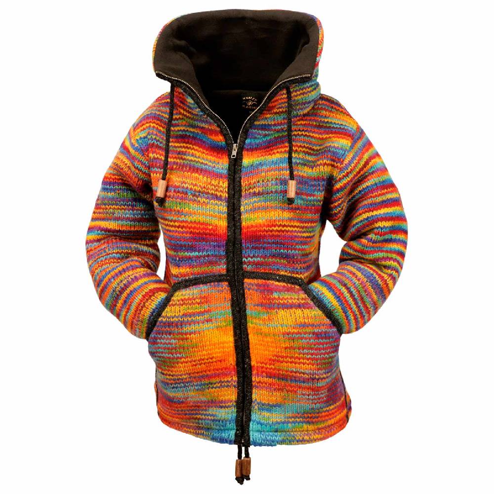 Kunst Und Magie Damen Strickjacke Goa Wolle Bunte Regenbogen Jacke Fleecefutter Hochkragen Goa Boho Fair 2025