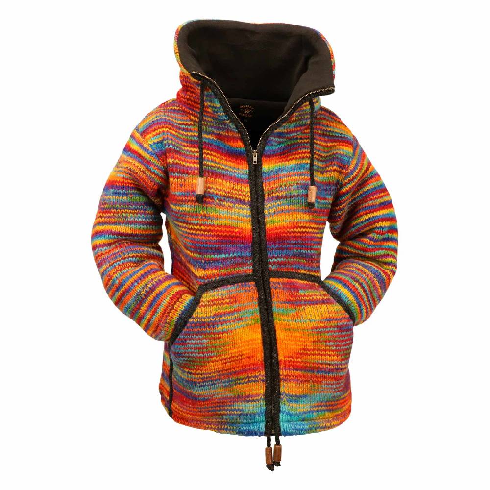 Kunst Und Magie Damen Strickjacke Goa Wolle Bunte Regenbogen Jacke Fleecefutter Hochkragen Goa Boho Fair 2025