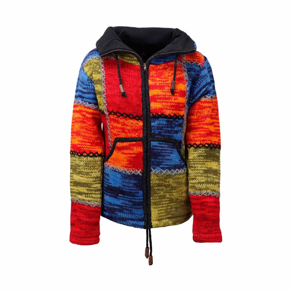 Kunst Und Magie Damen Strickjacke Goa Wolle Bunte Patchwork Jacke mit Fleecefutter und Hochkragen Fair Online