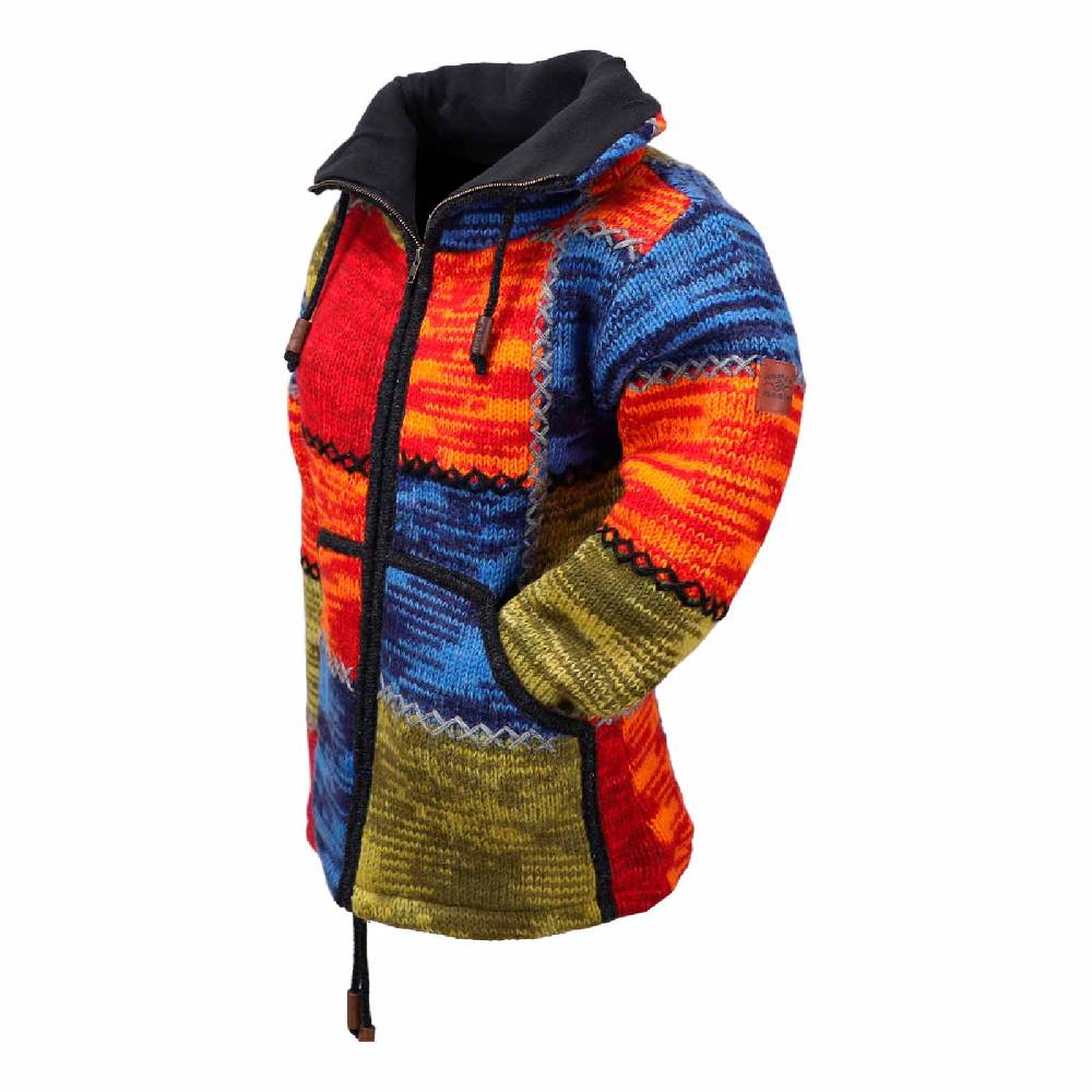 Kunst Und Magie Damen Strickjacke Goa Wolle Bunte Patchwork Jacke mit Fleecefutter und Hochkragen Fair Online