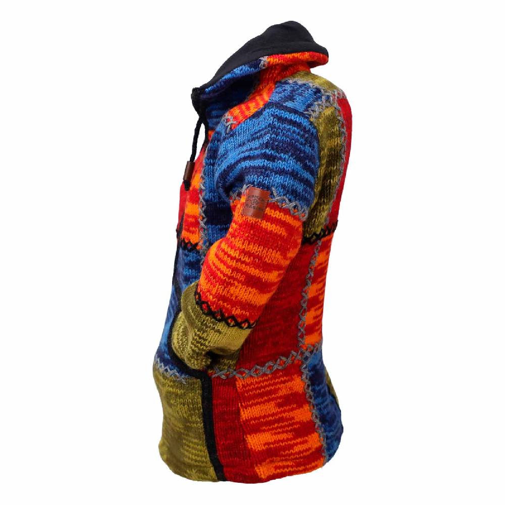 Kunst Und Magie Damen Strickjacke Goa Wolle Bunte Patchwork Jacke mit Fleecefutter und Hochkragen Fair Online