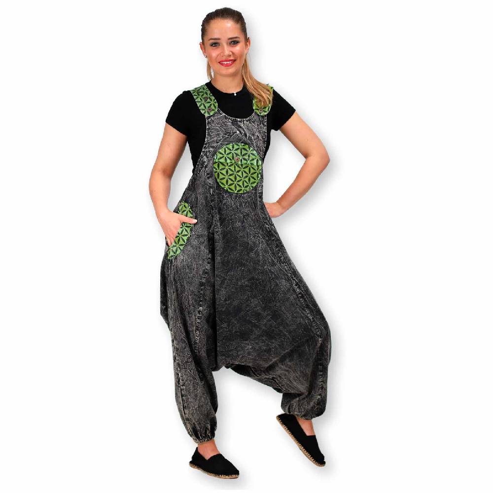 Kunst Und Magie Hippie Latzhose Haremshose Goa Hose Boho 70er Jumpsuit Overall Blume des Lebens im Angebot