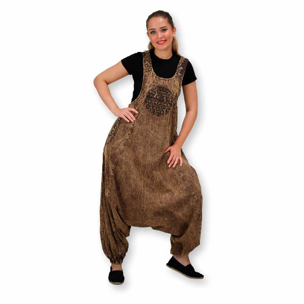 Kunst Und Magie Hippie Latzhose Haremshose Goa Hose Boho 70er Jumpsuit Overall Blume des Lebens im Angebot