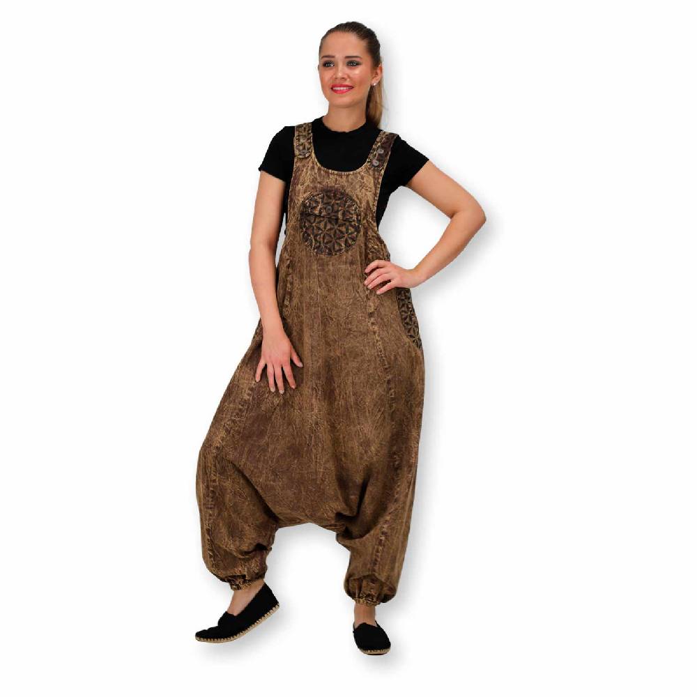 Kunst Und Magie Hippie Latzhose Haremshose Goa Hose Boho 70er Jumpsuit Overall Blume des Lebens im Angebot