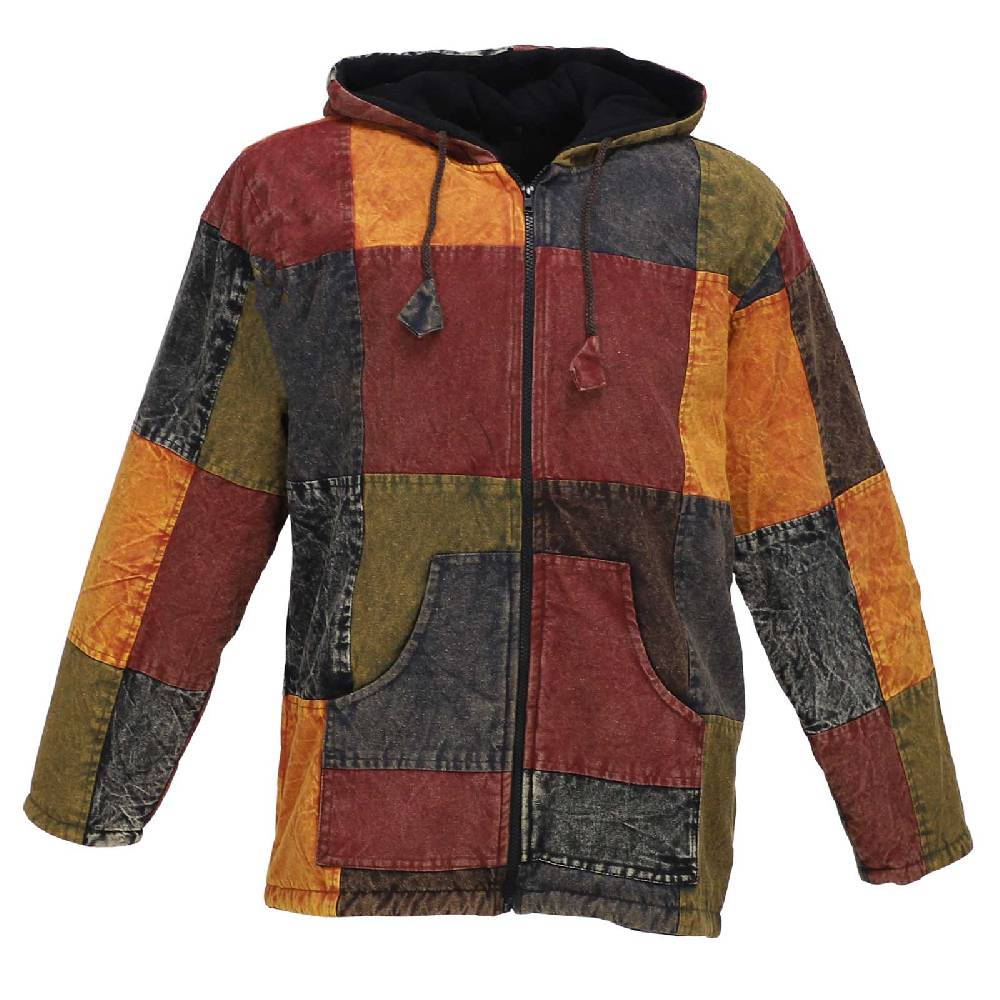 Kunst Und Magie Patchwork Jacke Baja Hoodie Herren alternativ Kapuzenjacke mit Fleecefutter Nachhaltig Fair Günstiger Verkauf