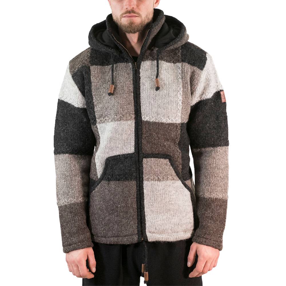 Kunst Und Magie Herren Strickjacke Patchwork Wolle Jacke mit abnehmbarer Kapuze und Fleecefutter Hippie Weihnachtsangebot