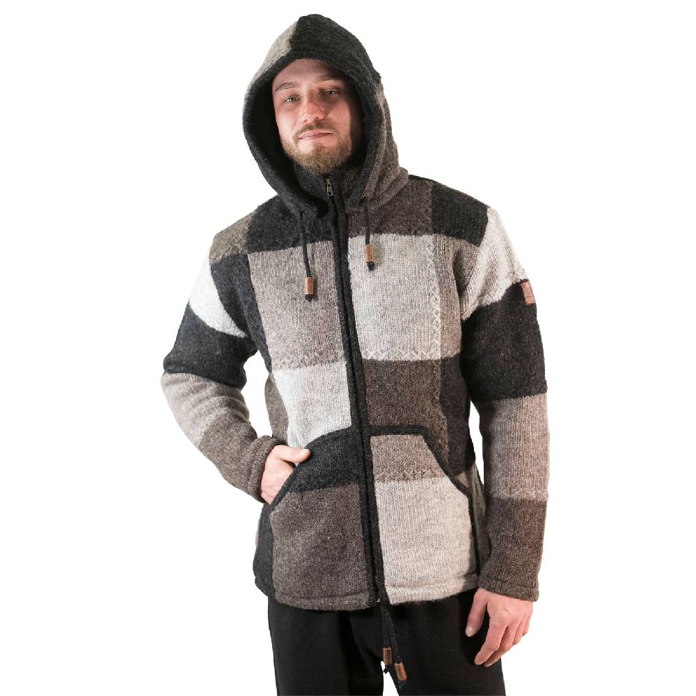 Kunst Und Magie Herren Strickjacke Patchwork Wolle Jacke mit abnehmbarer Kapuze und Fleecefutter Hippie Weihnachtsangebot