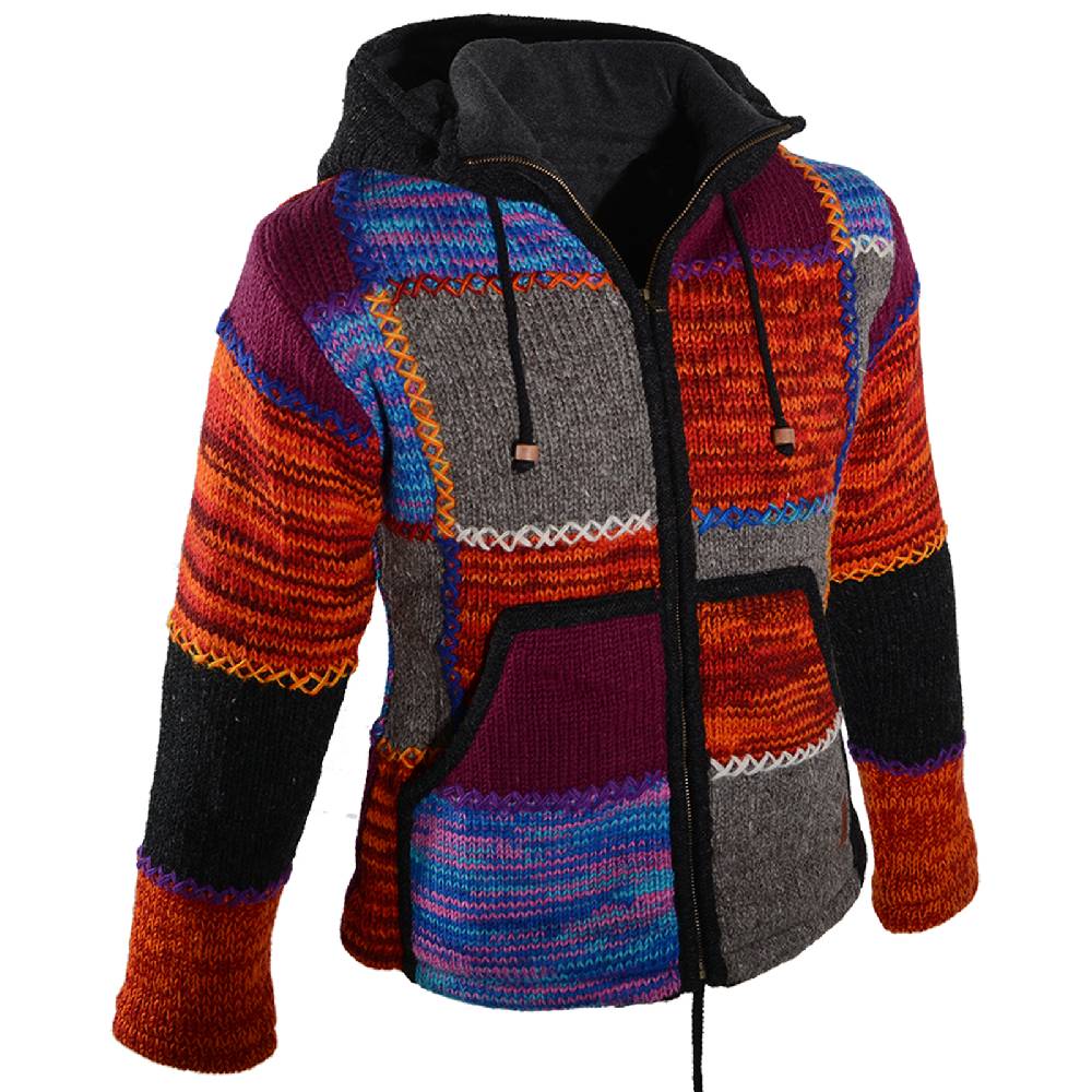 Kunst Und Magie Damen Strickjacke Goa Wolle Jacke mit Fleecefutter mit abnehmbarer Zipfelkapuze Osterangebot